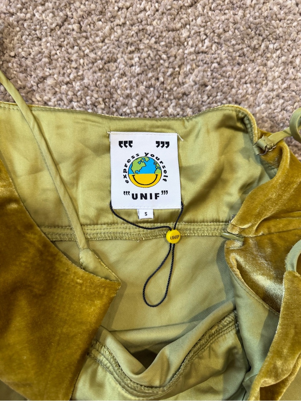 NWOT UNIF Two-Tone Olive Green Satin and Velvet Slip Mini Dress Small - Picture 6 of 7